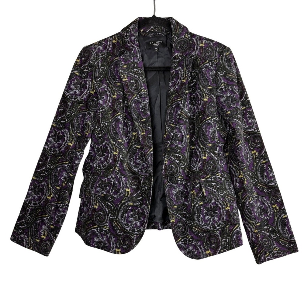 Talbots Petites Paisley Blazer Purple Black Yellow Women's Size 6P Jacket Career